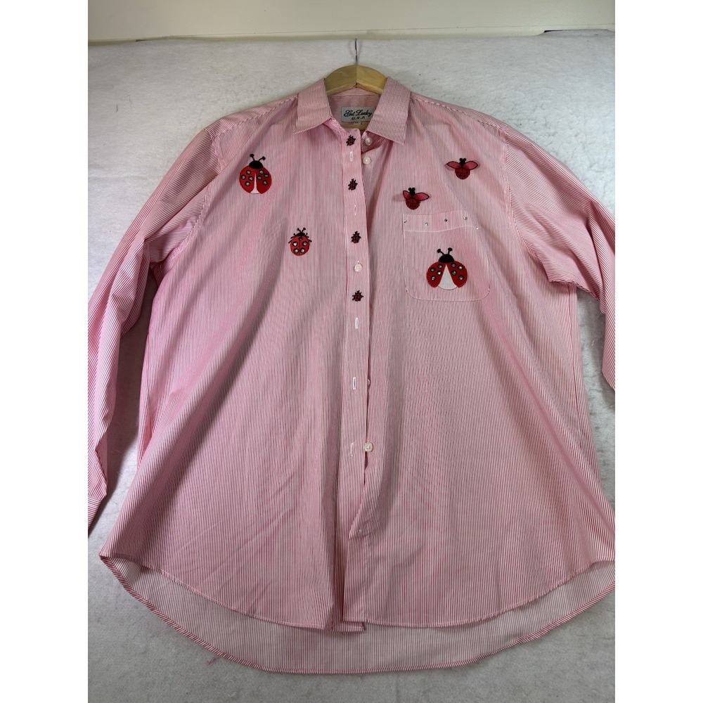 Get Lucky Ladybug Red White Stripe Blouse XL Lady Bugs 3D Embroidered Button Up